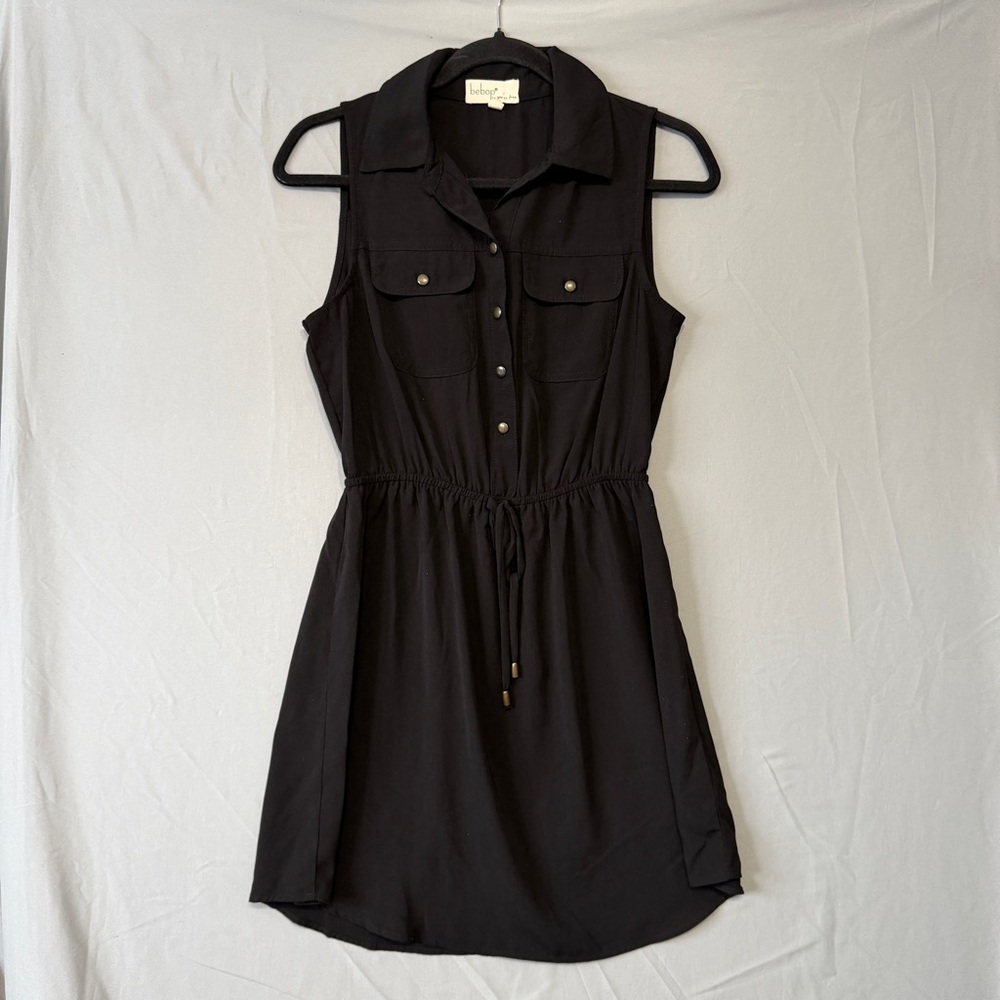 BeBop Womens Sleeveless Button-Collar Drawstring Waist Dress Size S Black Sporty